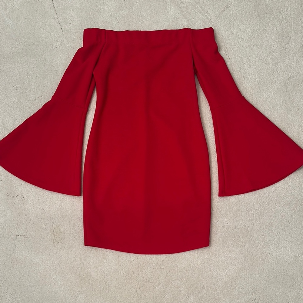 Off-Shoulder Red Dress with Flared Sleeves